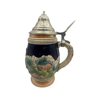 Vintage German Beer Stein With Pewter Lid & Hand-Painted Bavarian Scene 0.5L